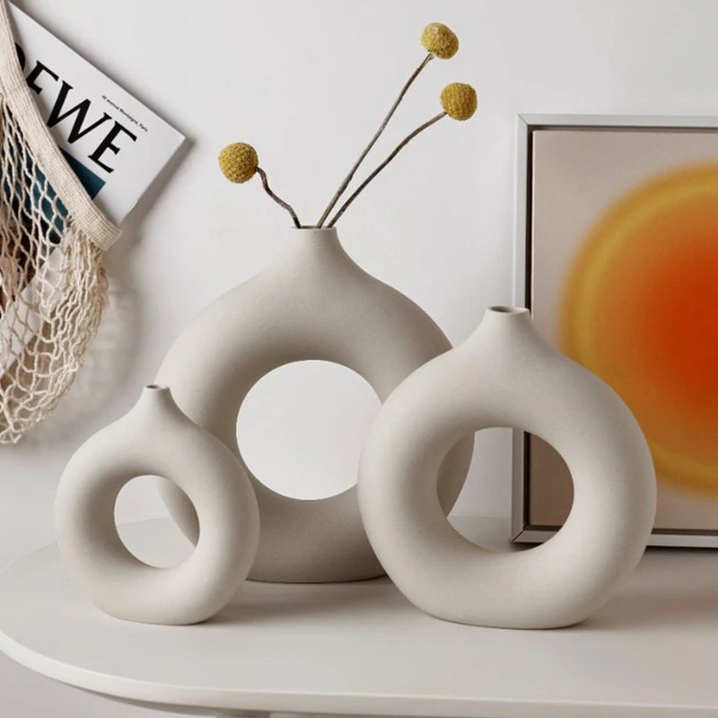 White Ceramics Vase for Home Decor,Minimalist Nordic Hollow Donut Vase Set of 2,Modern Boho Decor for Kitchen Table Centerpiece,Living Room,Bookshelf,Office,Entryway,Console