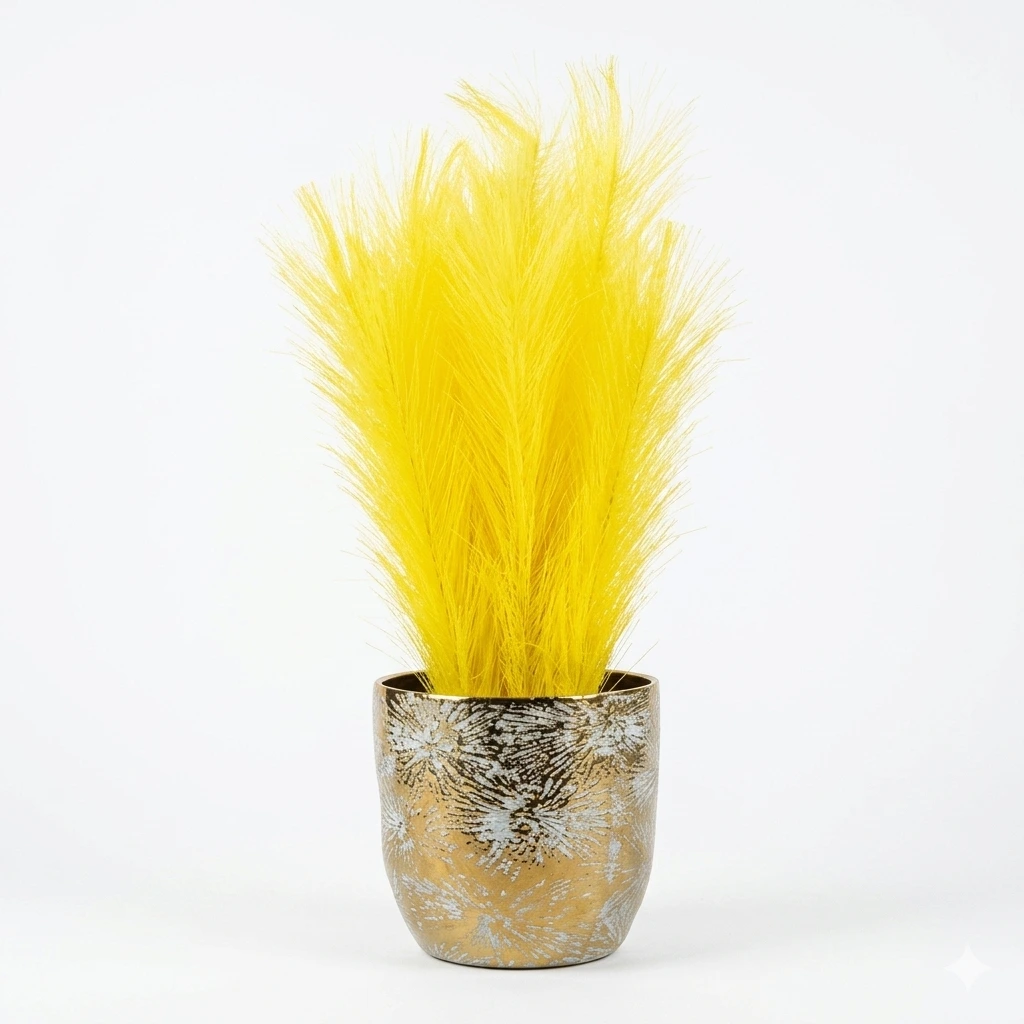 Stoneware table vase with a collection of yellow feathers