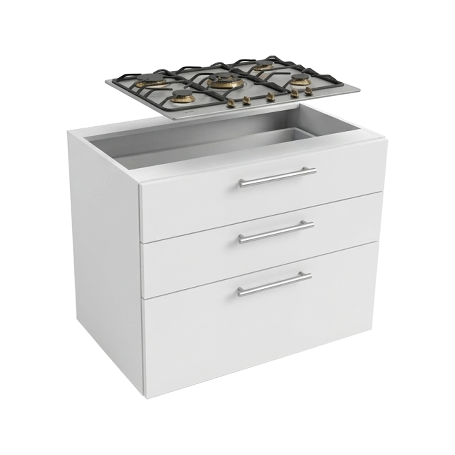 Lower kitchen cabinet, width 90 cm, equipped with three drawers and a cooktop, available in white or walnut wood.