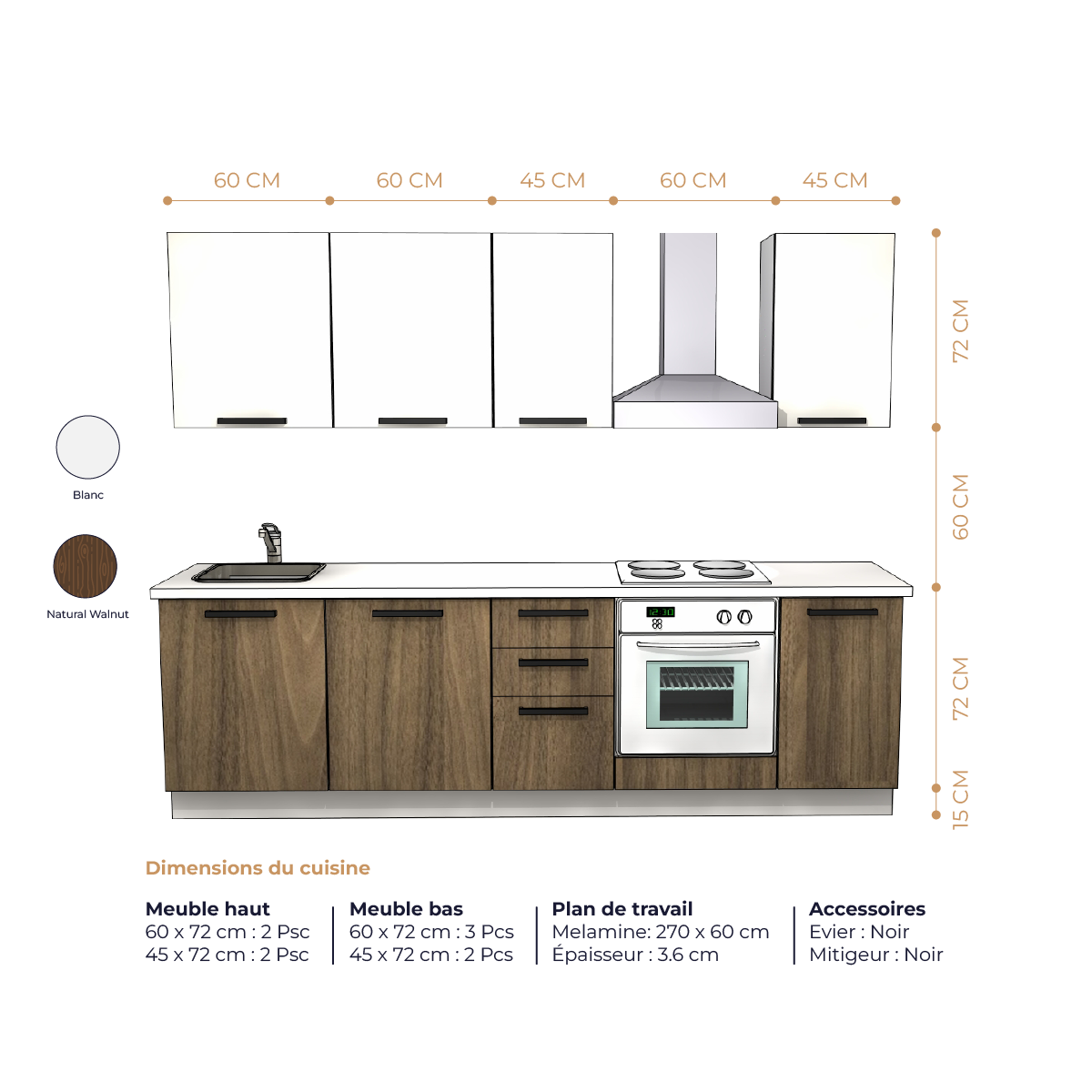 A full modern kitchen, in white and walnut - ROVERA model