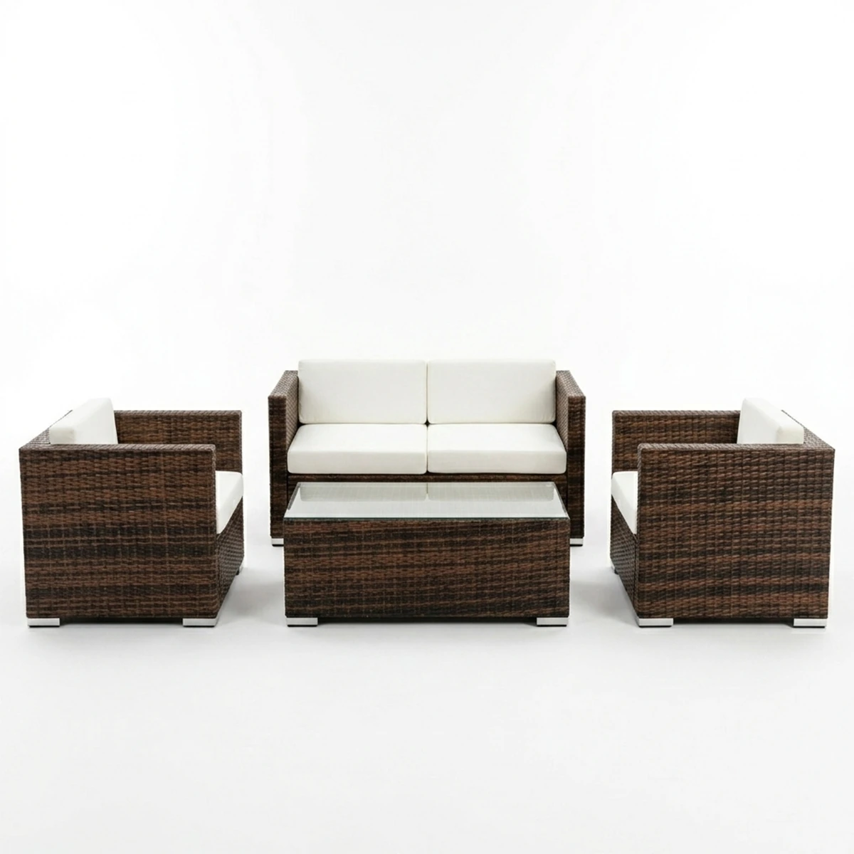 Rattan and jacquard outdoor sofa set - 4-Piece - brown and beige