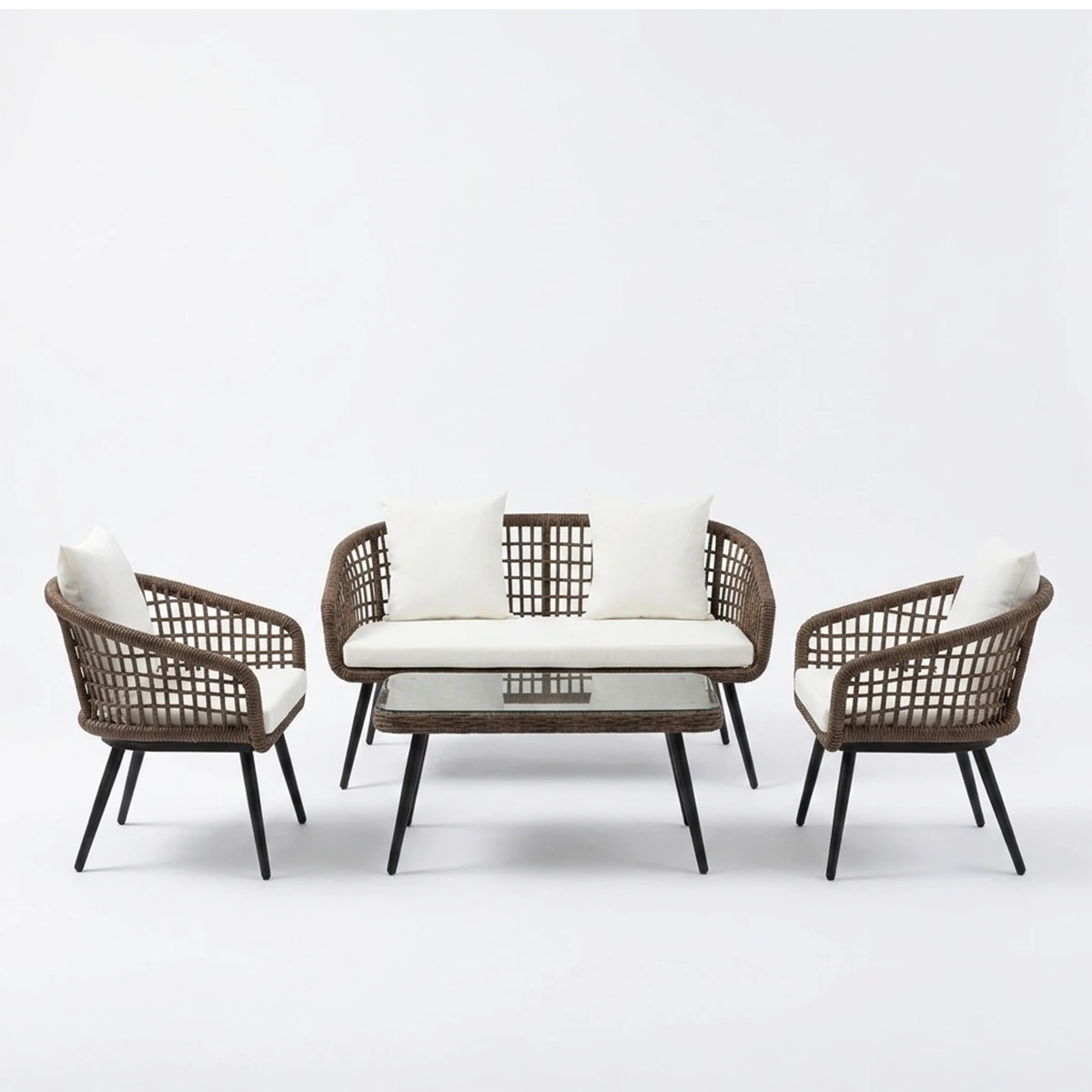 Outdoor sofa set made of iron and double-coated ropes treated for sun resistance - 4 pieces - beige