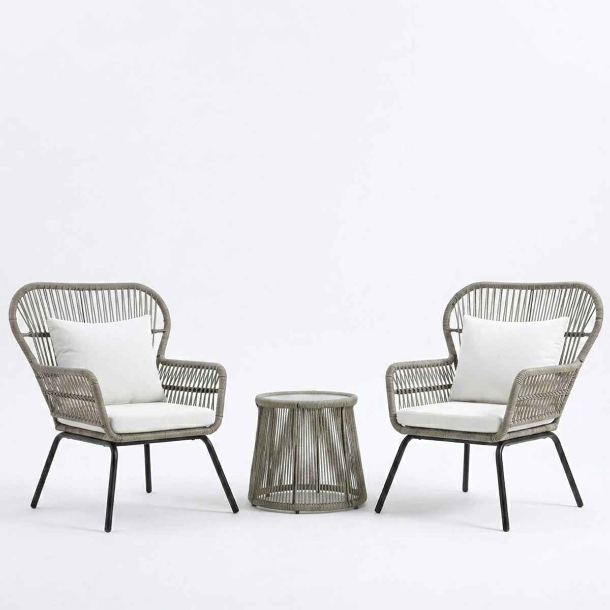 Outdoor chair set made of iron and double-coated ropes treated for sun resistance - 3 pieces - beige