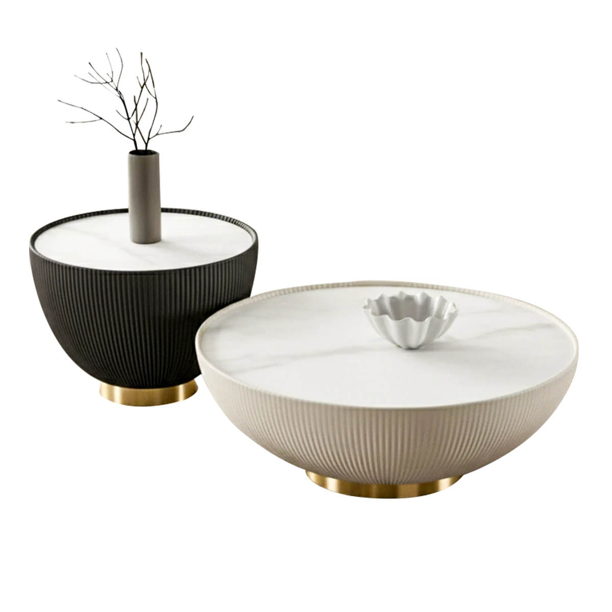 Round coffee table - of Rattan and marble - 2 pieces - Black and White