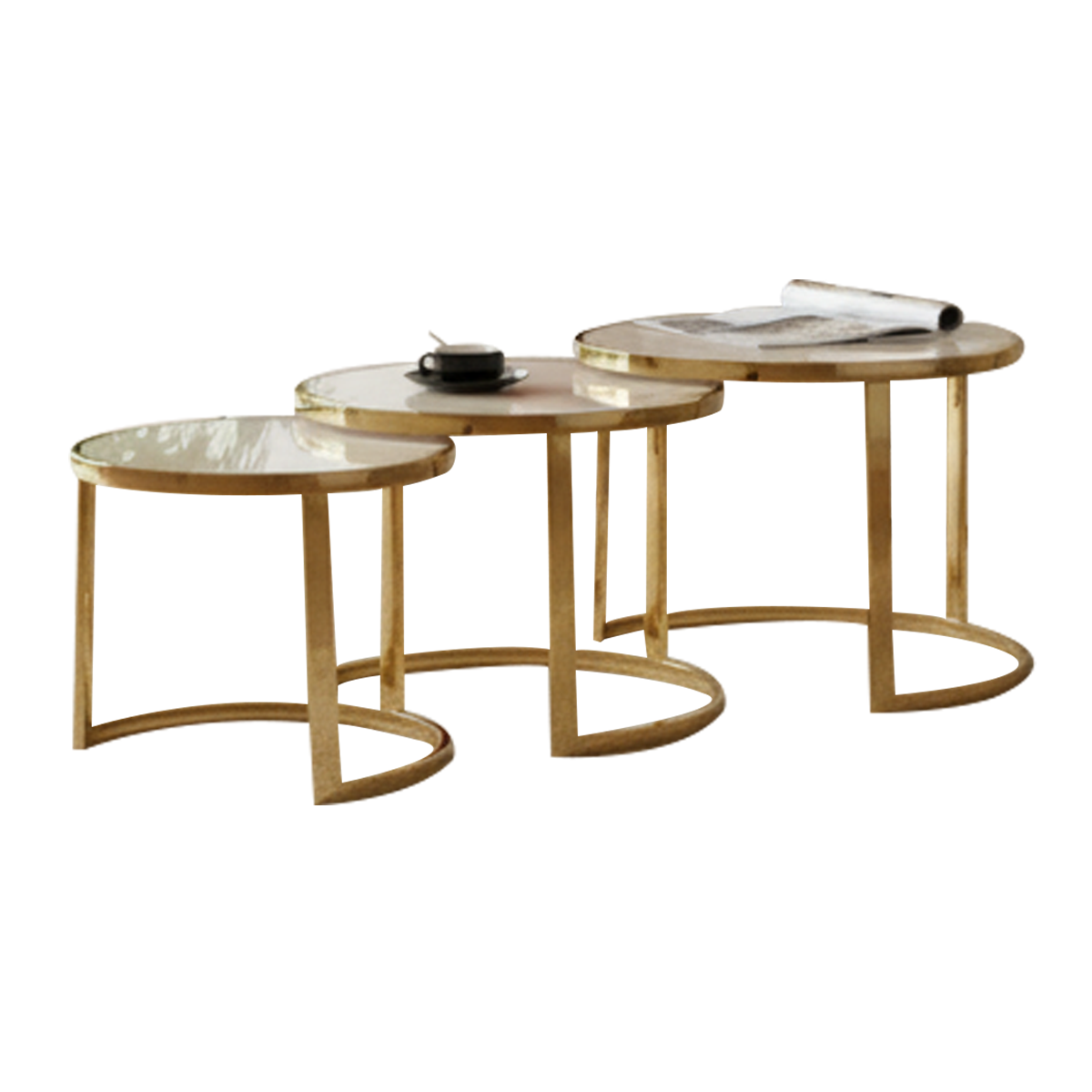 Round nesting tables 3-pieces curved legs - white and gold