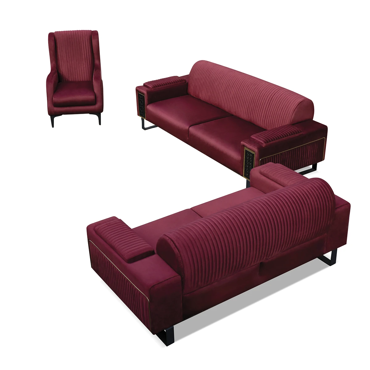 ANTALYA wood and velvet sofa set - 3-piece - Red