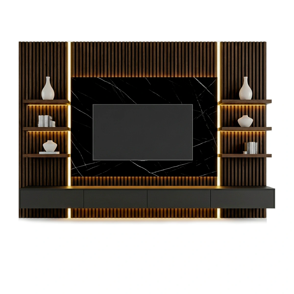 NOCTIS TV unit in Black, dimensions: 240 x 40 x 36 cm, with a black wall Cladding.