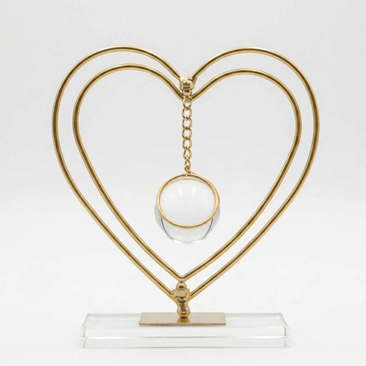 Modern Gold Heart Sculpture with Hanging Glass Sphere and Acrylic Base - Romantic Tabletop Decor