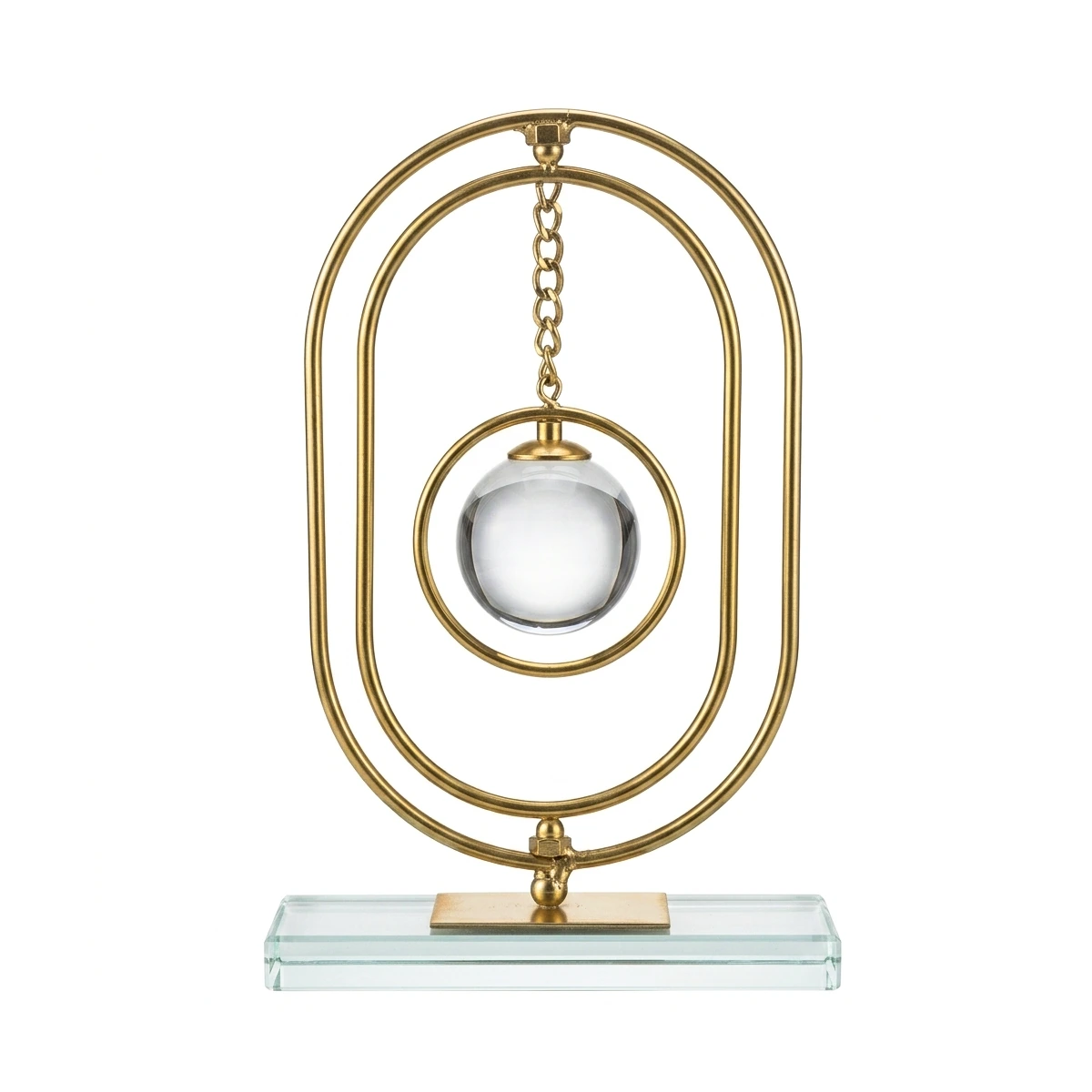 Modern Gold Geometric Arch Sculpture with Hanging Glass Sphere and Clear Acrylic Base - Contemporary Tabletop Decor