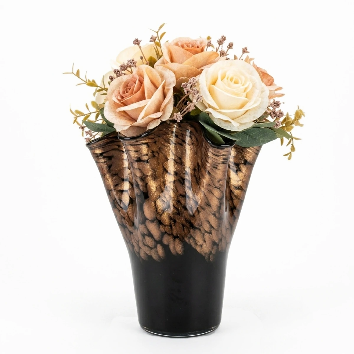 Modern Flared Ceramic Vase with Textured Brown and Black Glaze - Decorative Floral Centerpiece for Living Room & Dining Table.