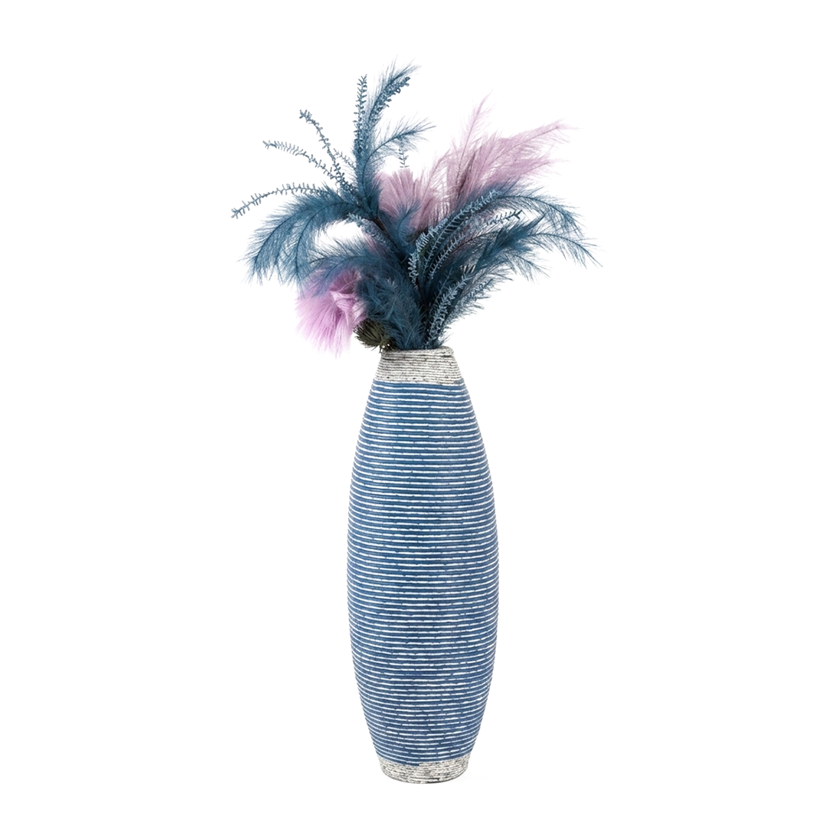 Tall Blue Ribbed Floor Vase with Pastel Arrangement.