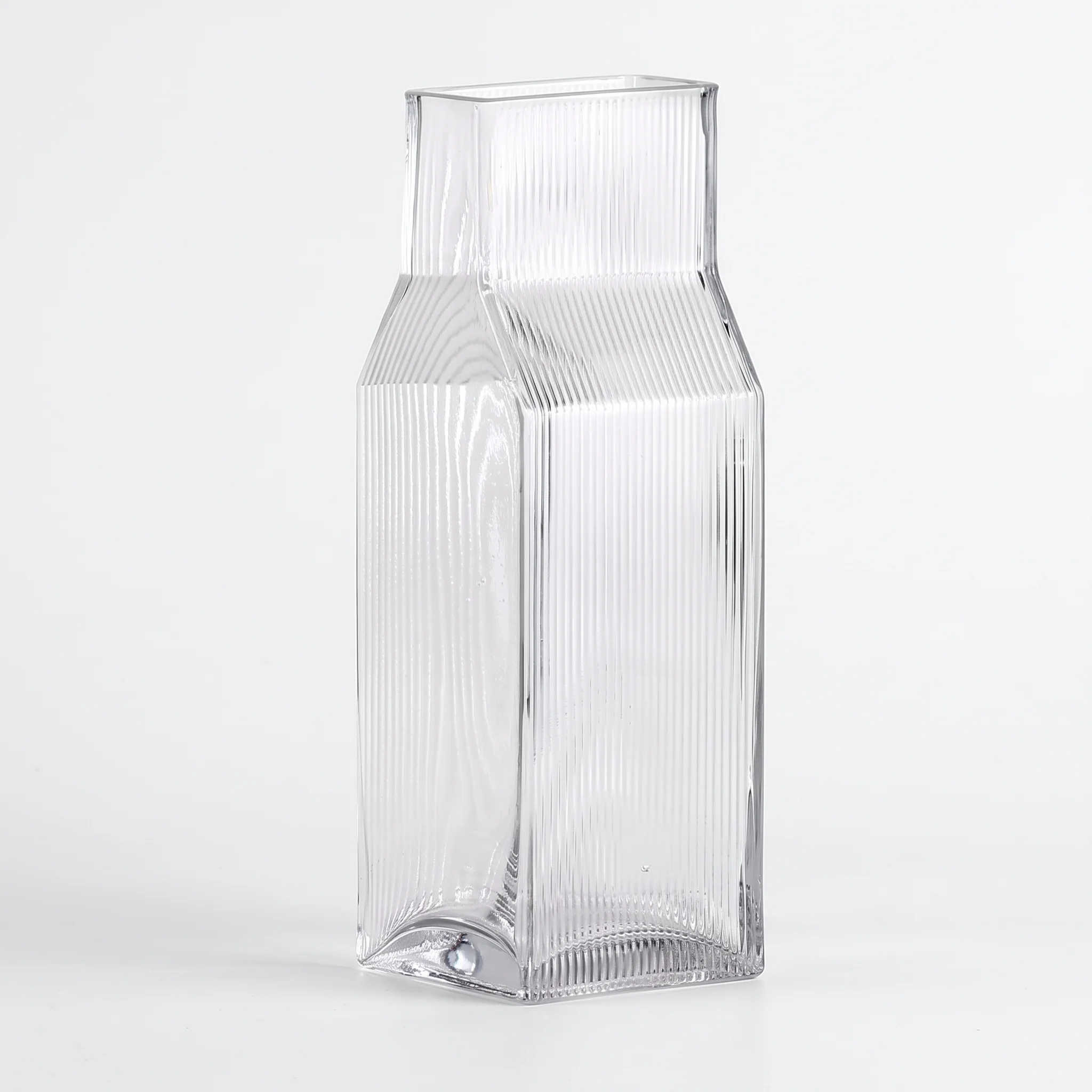 Clear Handblown Fluted Glass Milk-Carton Vase