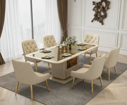 LUXORA Dining Table – 6 Seats Beige & Gold TA050