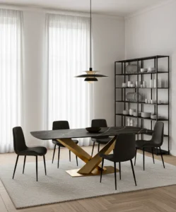 Table à manger VANTO – 6 places, noir avec piètement croisé doré TA031