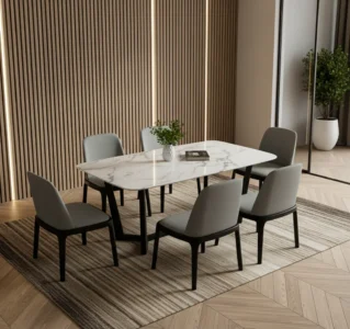 Table à manger en marbre MARBLEA – 6 places, blanc avec base noire TA030