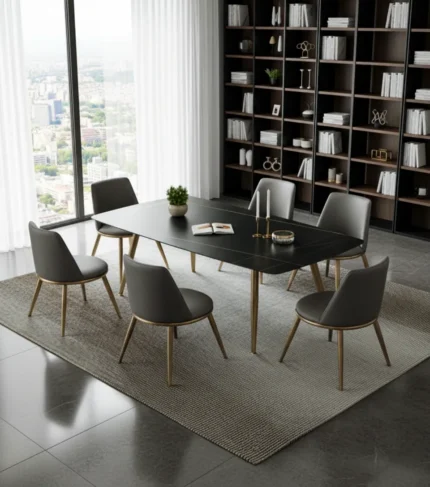 URBEX Marble Dining Table – 6 Seats Black with Gold Base TA032