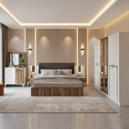 Chambre à coucher Moderne MILANO 5 Pièces – Blanc et Noyer
