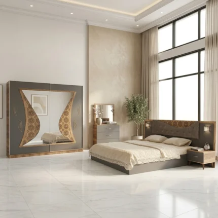 Chambre à coucher Moderne HASSIR 5 Pièces avec portes coulissantes – Gris et Marron