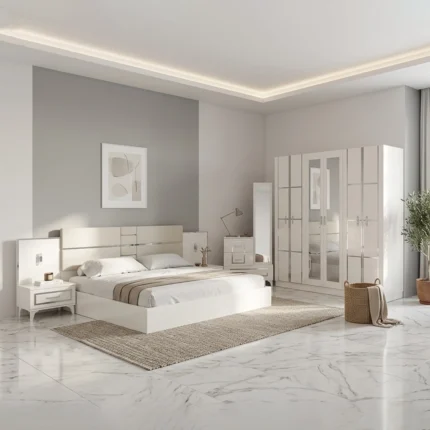 YAMAN 5-Piece Modern Bedroom Set – White & Silver