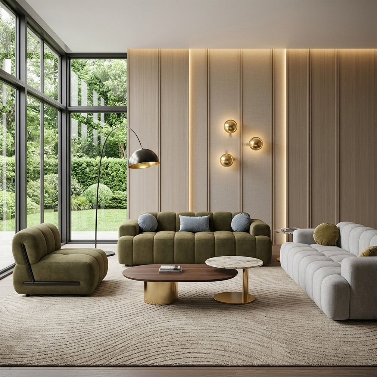 01 Ensemble canapé 3 pièces « NIMBUS » en bois et velours - Gris et vert – Image 1