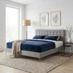 "Capiton" bed upholstered in wood and velvet - Grey
