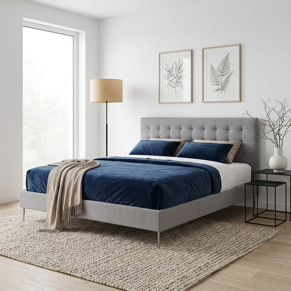 01 "Capiton" bed upholstered in wood and velvet - Grey - Image 1