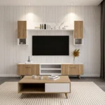 Unité TV « NEXA » en couleur beige et blanc bois, dimensions : 170 x 45 x 30