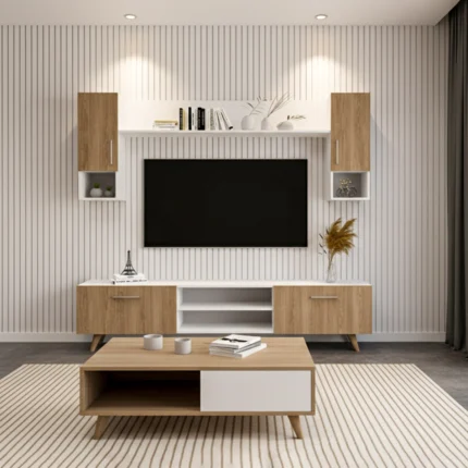 Unité TV « NEXA » en couleur beige et blanc bois, dimensions : 170 x 45 x 30