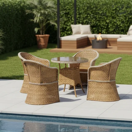 Ensemble de table et chaises d'extérieur en rotin et jacquard – 5 pièces – Beige