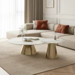 Table basse ronde - en métal et marbre - dorée
