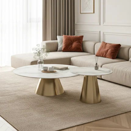 Table basse ronde - en métal et marbre - dorée