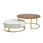 Round coffee table - of metal and wood -2 Pieces - gold - Image 2
