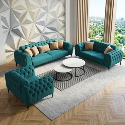 Ensemble canapé 3 pièces « MARMARA » en bois et velours - Turquoise