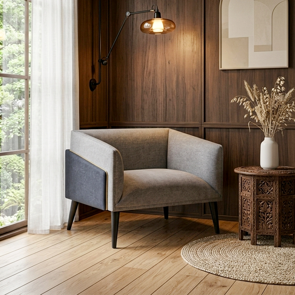 02 Fauteuil « KAPRI » en bois et velours - Gris – Image 1