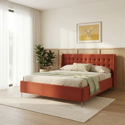 "Alaya" bed upholstered in wood and velvet - Red