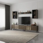 Unité TV « ORION » en couleur marron et noir bois, dimensions : 180 x 30 x 30