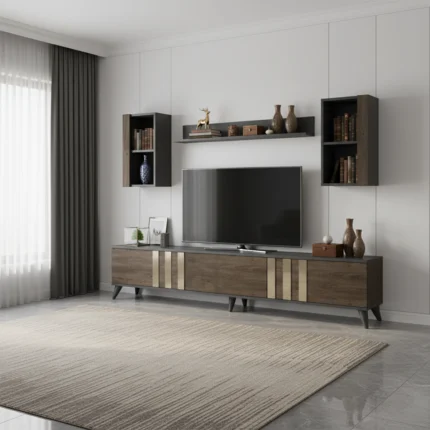Unité TV « ORION » en couleur marron et noir bois, dimensions : 180 x 30 x 30