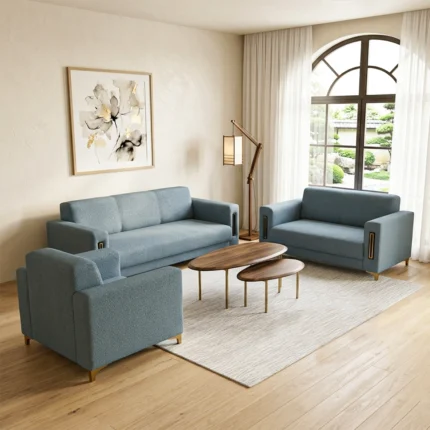 Ensemble canapé 3 pièces en bois et velours « RELAX » - Bleu clair
