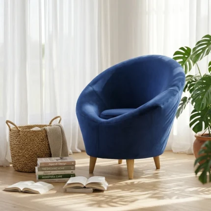 Fauteuil « COCCINELLE » en bois et velours - Bleue