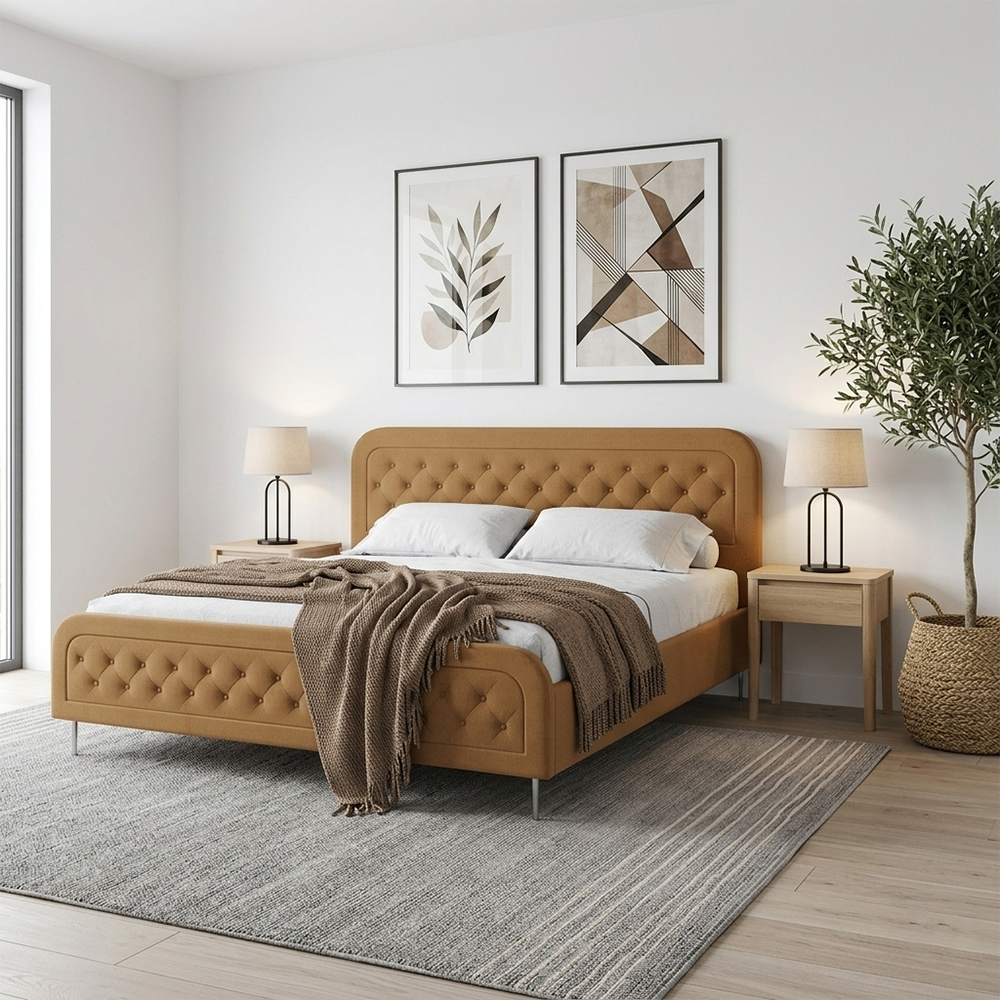 03 "Flora" bed upholstered in wood and velvet - Light Brown - Image 1