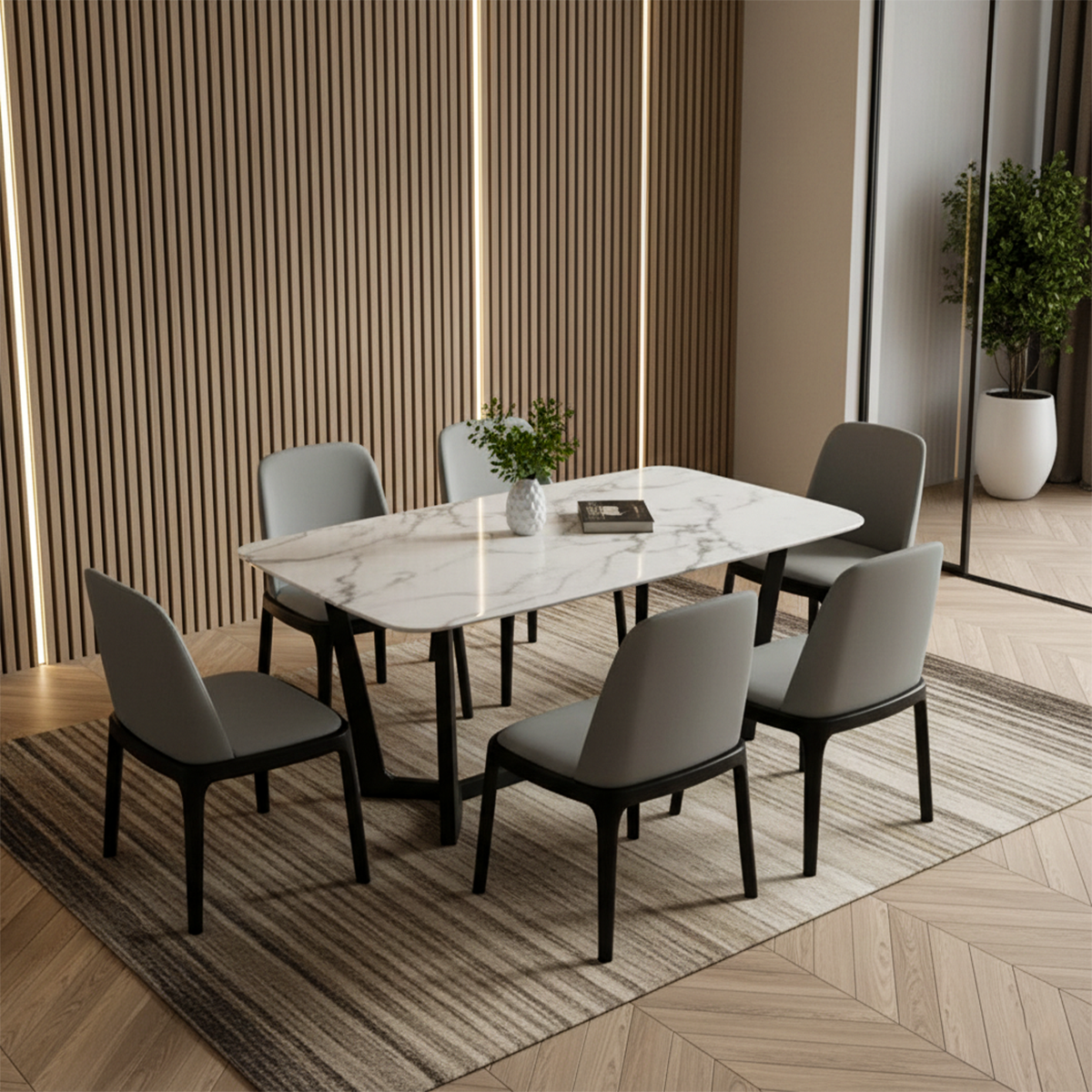 03 Ensemble de Table à manger « MARBLEA » 7 pièces – Noir et Gris – Image 1