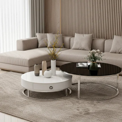 Table basse ronde – en métal et bois – 2 pièces – Argent