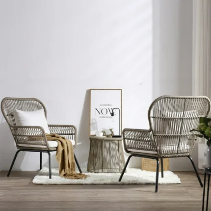 Ensemble de chaises d'extérieur en fer et cordes doublement enduites et traitées anti-UV - 3 pièces - beige