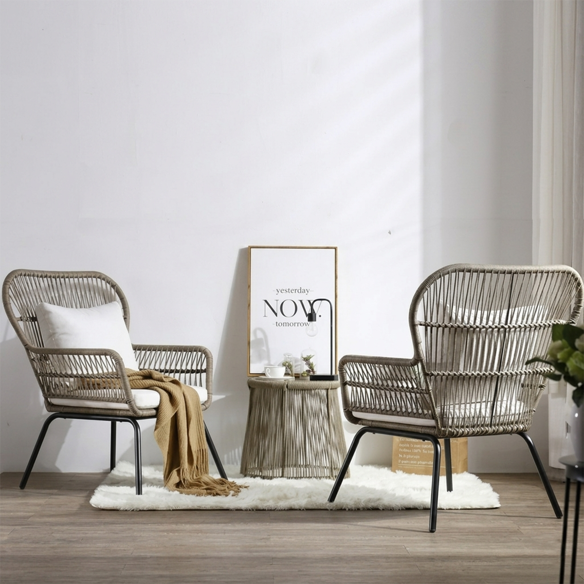 04 Ensemble de chaises d'extérieur en fer et cordes doublement enduites et traitées anti-UV - 3 pièces - beige – Image 1