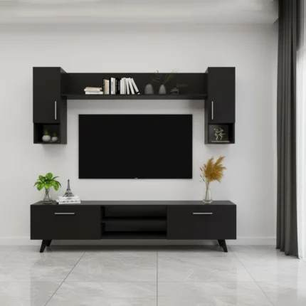 Unité TV « VANTA » en couleur noir bois, dimensions : 180 x 45 x 35