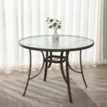 Table ronde d'extérieur en métal avec surface en verre - noire – Image 2
