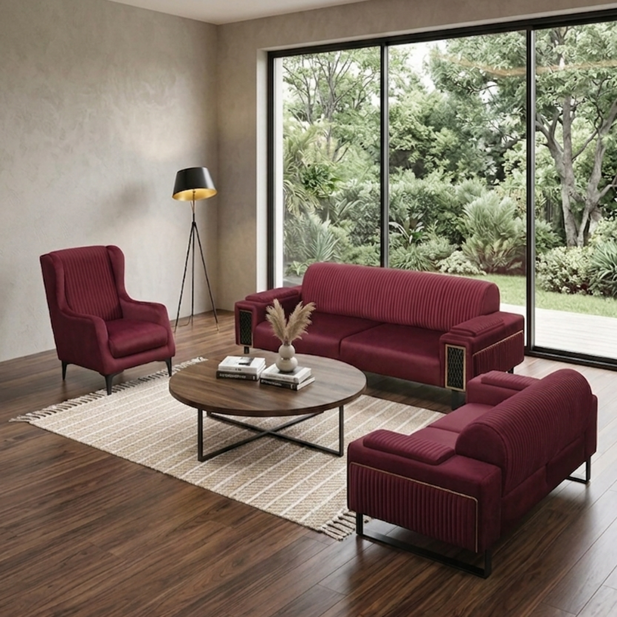 04 Ensemble canapé 3 pièces en bois et velours « ANTALYA » - Rouge – Image 1