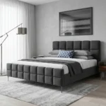 Lit « Kare » recouvert de bois et de velours - Gris