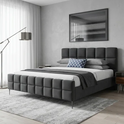 Lit « Kare » recouvert de bois et de velours - Gris