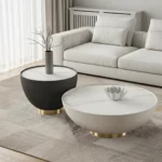 Round coffee table - of Rattan and marble - 2 pieces - Black and White